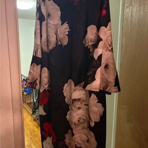 Calvin Klein Black Floral Long Sleeve Dress with White and Red Roses